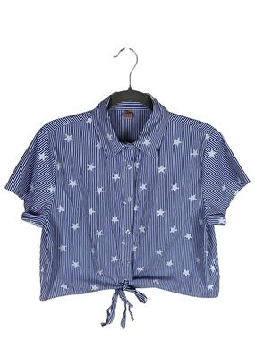 Women's French Twist Blue White Striped Star Cropped Tie Front Button Up Top L
